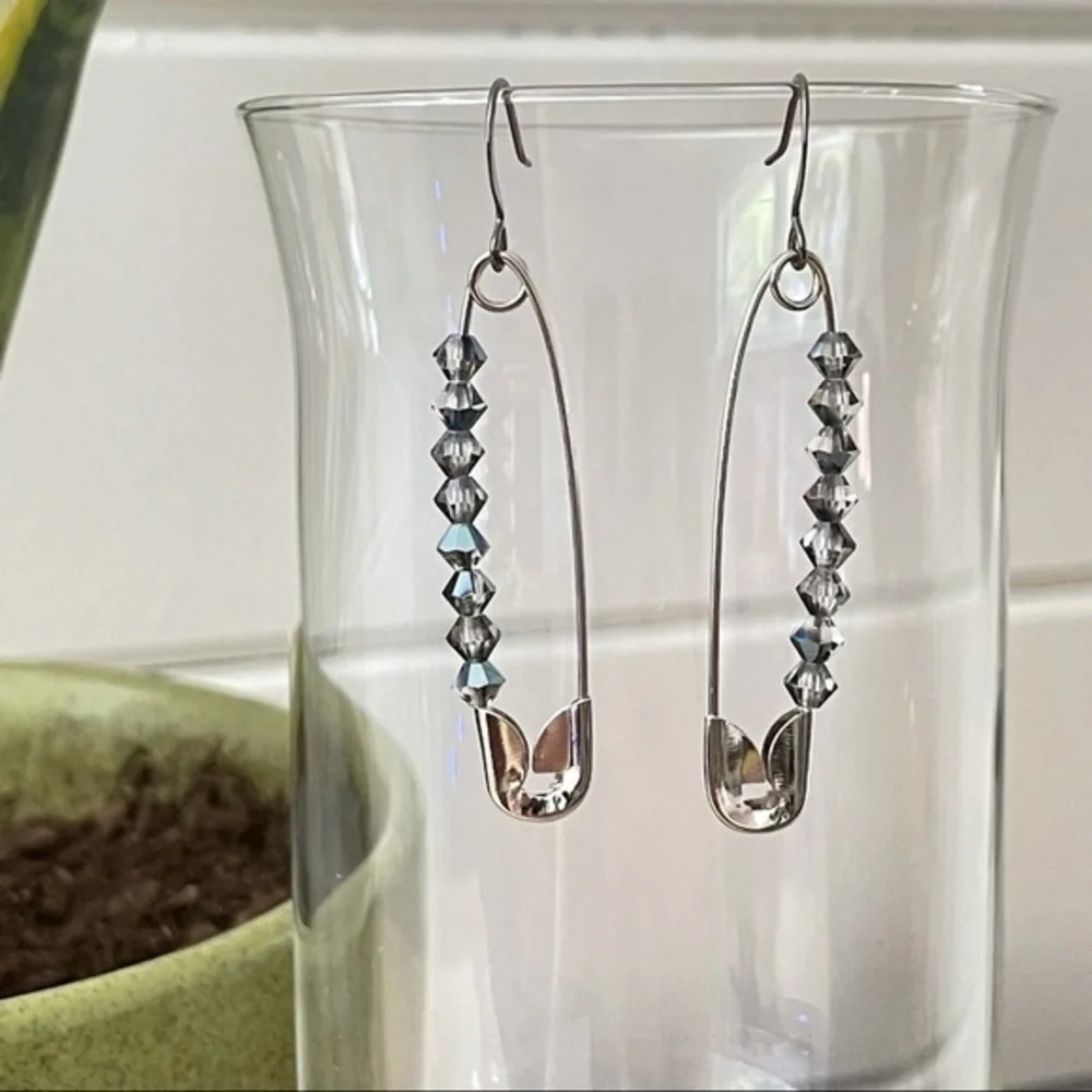 Handmade Grey Swarovski Crystal Safety Pin Earrings Industrial Upcycle Bling